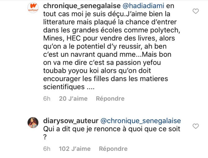 Commentaire sur Instagram: Diary Sow recadre un follower: « Qui t’a dit que...»