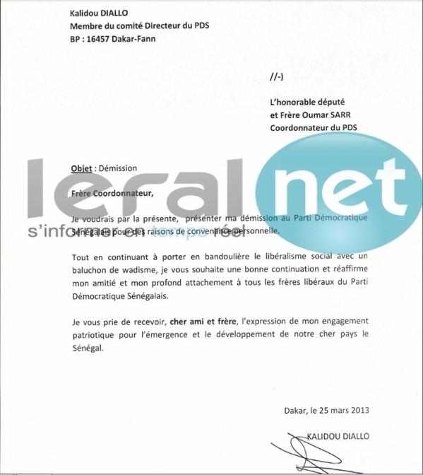 Kalidou Diallo : "J'ai démissionné du parti démocratique Sénégalais mais…" (Document)