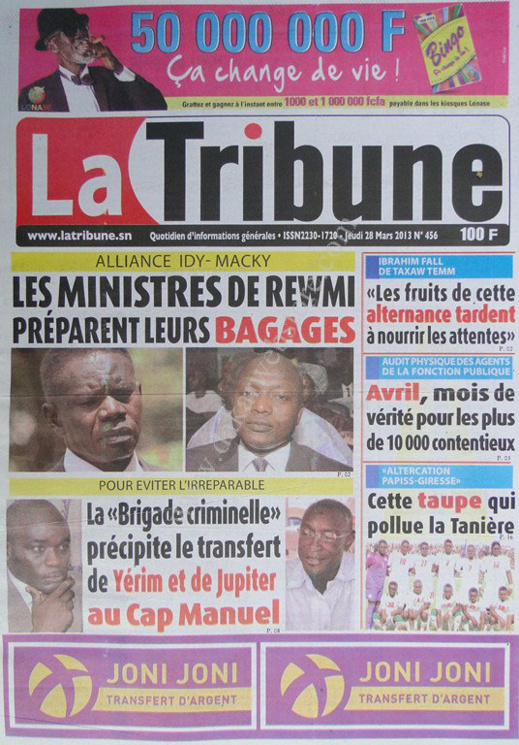 A la Une du Journal La Tribune du jeudi 28 mars 2013