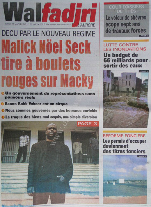 A la Une du Journal Walfadjri du jeudi 28 mars 2013