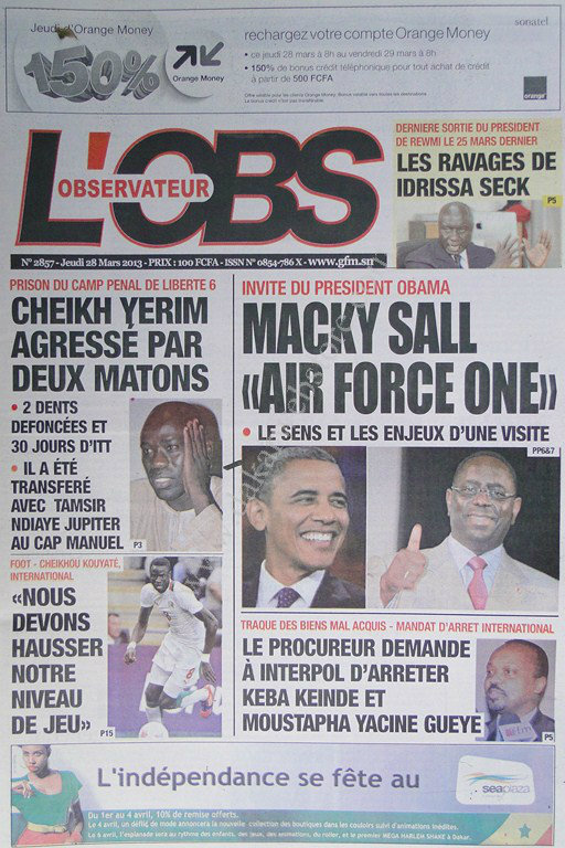 A la Une du Journal L’Observateur du jeudi 28 mars 2013