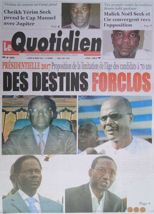 A la Une du Journal Le Quotidien du jeudi 28 mars 2013