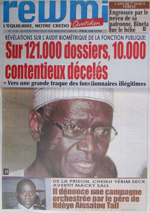 A la Une du Journal Rewmi du jeudi 28 mars 2013