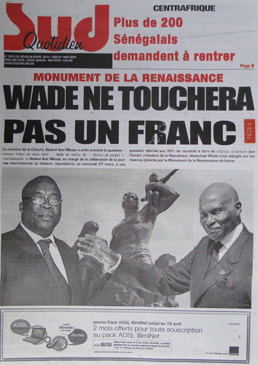 A la Une du Journal Sud Quotidien du jeudi 28 mars 2013