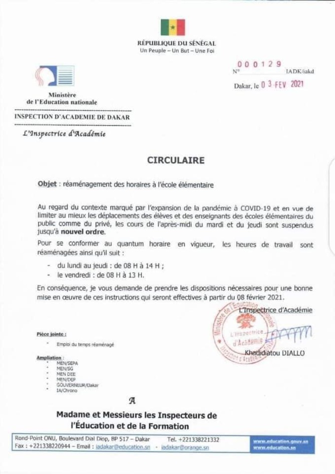 Ecoles élémentaires: Les cours de l'après-midi du mardi et du jeudi suspendus juqu'à...