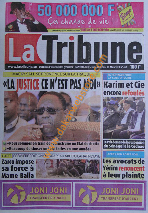 A la Une du journal La Tribune du Samedi 30 mars 2013