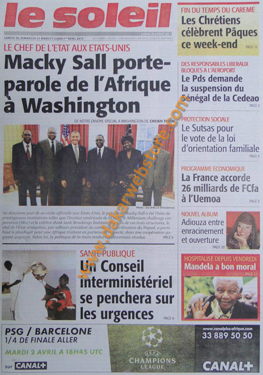 A la Une du journal Le Soleil du Samedi 30 mars 2013