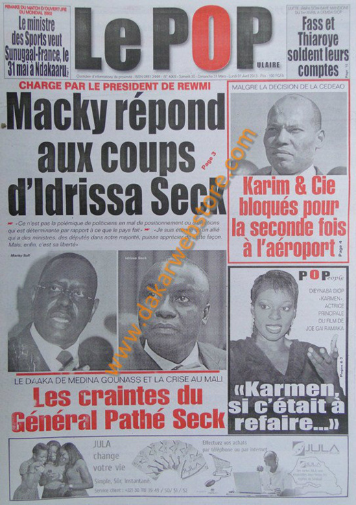 A la Une du journal Le Populaire du Samedi 30 mars 2013