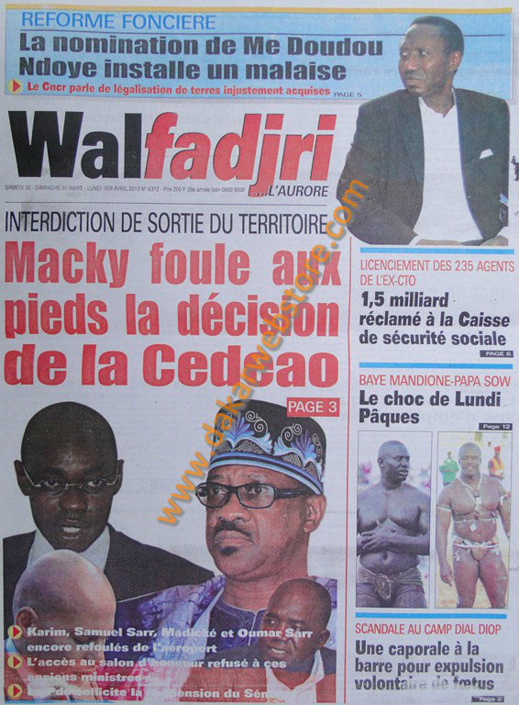 A la Une du journal Walfadjri du Samedi 30 mars 2013