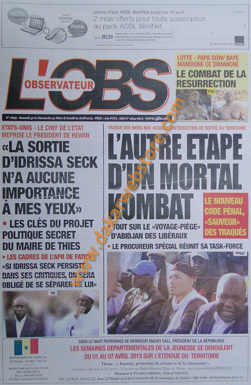 A la Une du journal L'Observateur du Samedi 30 mars 2013