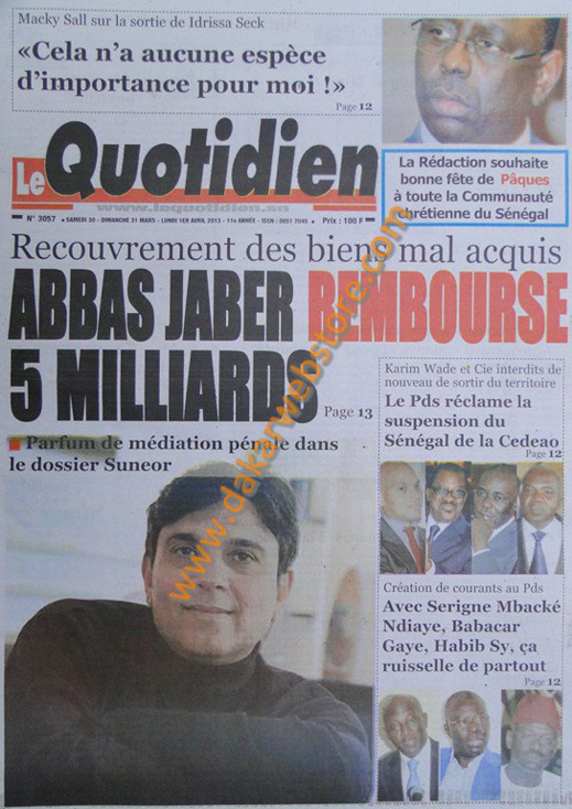 A la Une du journal Le Quotidien du Samedi 30 mars 2013