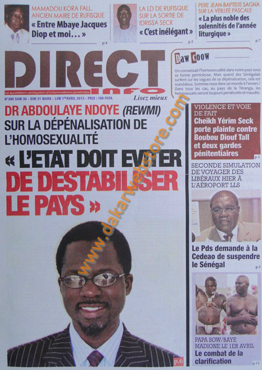 A la Une du journal Direct Info du Samedi 30 mars 2013