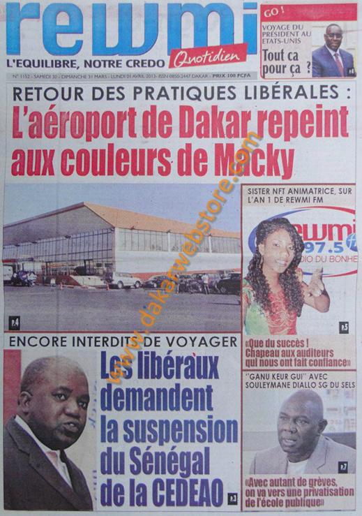 A la Une du journal Rewmi du Samedi 30 mars 2013