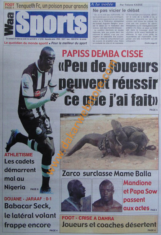 A la Une du journal Waa Sports du Samedi 30 mars 2013