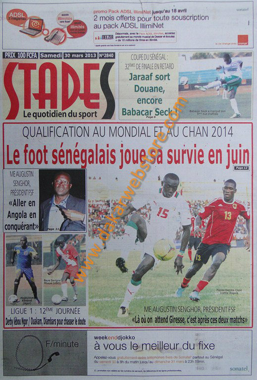 A la Une du journal Stades du Samedi 30 mars 2013