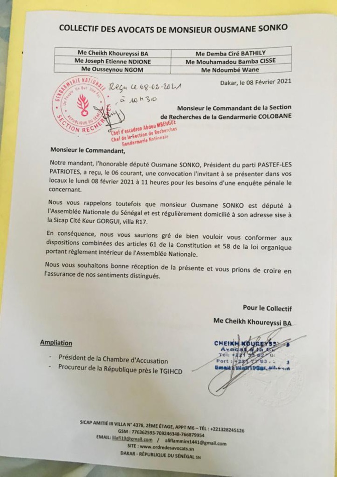 Affaire Sonko: La réponse de ses avocats à la Section des Recherche de la gendarmerie