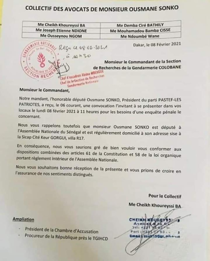 Section de recherche: les avocats de Sonko mettent la pression sur le commandant