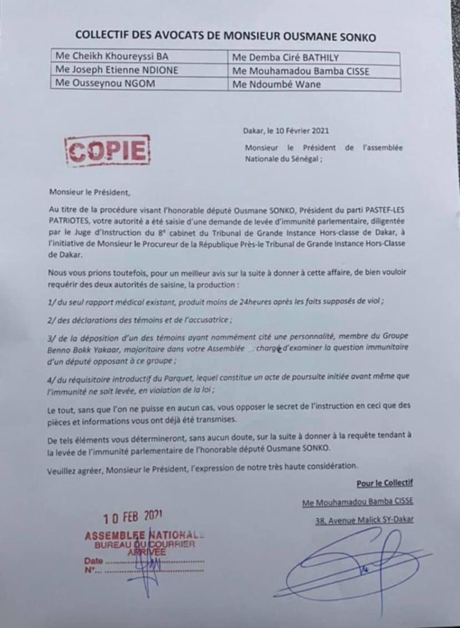 Levée de l'immunité parlementaire de Sonko: les quatre commandements de ses avocats Levée de l'immunité parlementaire de Sonko: les quatre commandements de ses avocats