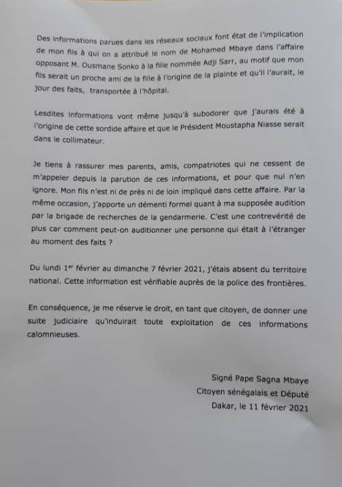 Implication de son fils dans l'affaire Sonko-Adji: Pape Sagna Mbaye, responsable de Bby, dément et brandit des preuves