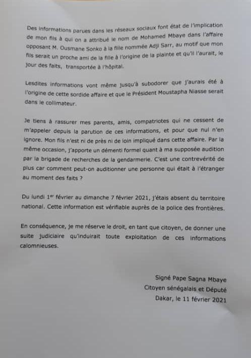 Implication de son fils dans l'affaire Sonko-Adji: Pape Sagna Mbaye, responsable de Bby, dément et brandit des preuves Implication de son fils dans l'affaire Sonko-Adji: Pape Sagna Mbaye, responsable de Bby, dément et brandit des preuves
