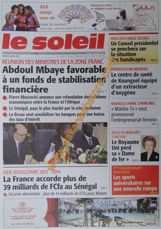 A la Une du Journal Le Soleil du mardi 09 Avril 2013