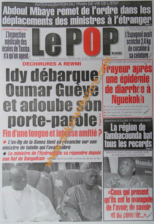 A la Une du Journal Poplulaire du mardi 09 Avril 2013