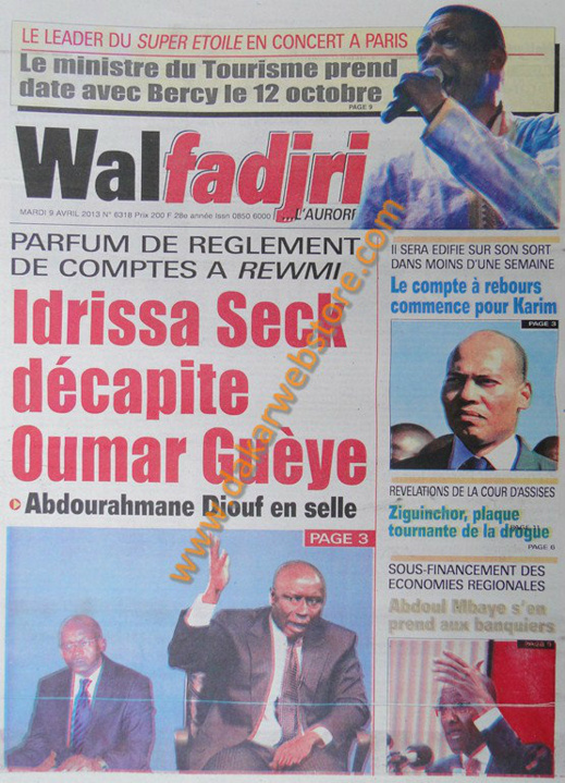A la Une du Journal Walfadjri du mardi 09 Avril 2013