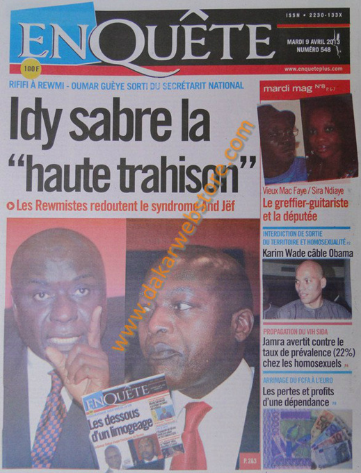 A la Une du Journal EnQuête du mardi 09 Avril 2013