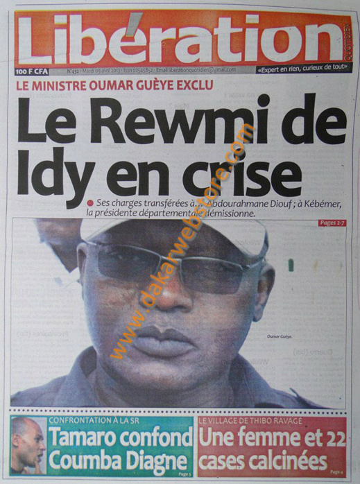 A la Une du Journal Libération du mardi 09 Avril 2013