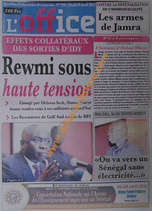 A la Une du Journal L'Office du mardi 09 Avril 2013