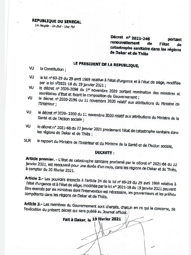 Couvre-feu et l'interdiction de rassemblement: La nouvelle mesure en vigueur jusqu'au 20 mars