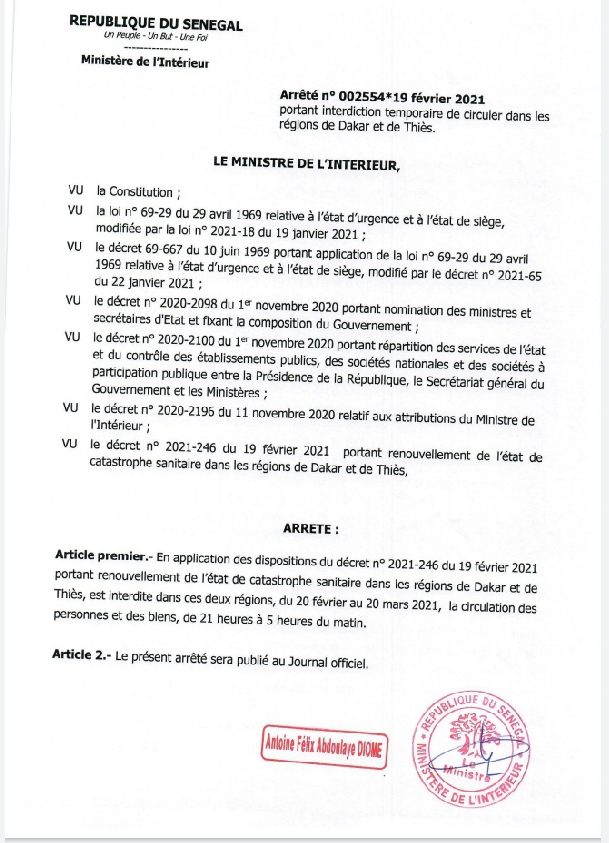 Couvre-feu et l'interdiction de rassemblement: La nouvelle mesure en vigueur jusqu'au 20 mars