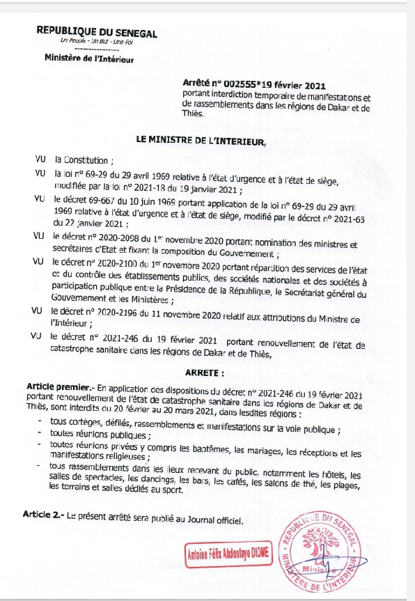 Couvre-feu et l'interdiction de rassemblement: La nouvelle mesure en vigueur jusqu'au 20 mars