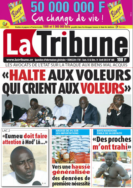 A la Une du Journal La Tribune du samedi 13 Avril 2013
