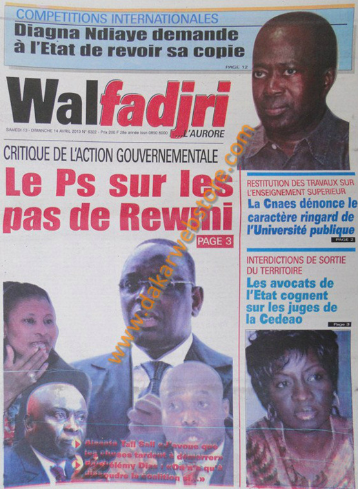 A la Une du Journal Walfadjri du samedi 13 Avril 2013