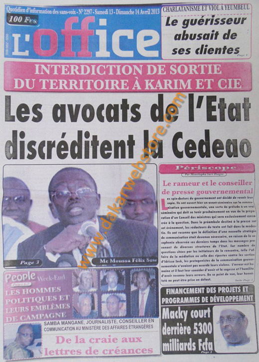 A la Une du Journal L'Office du samedi 13 Avril 2013