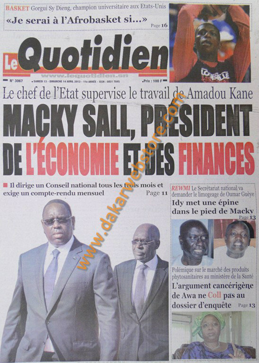 A la Une du Journal Le Quotidien du samedi 13 Avril 2013
