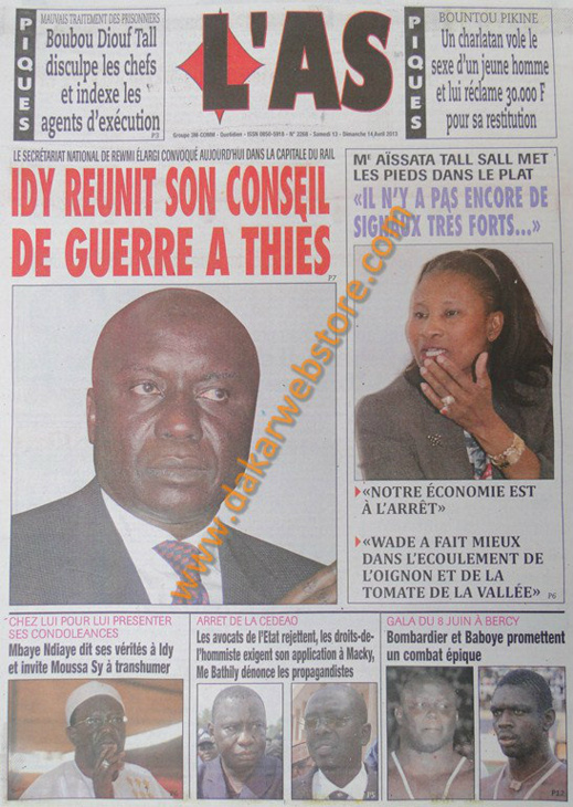 A la Une du Journal L'As du samedi 13 Avril 2013
