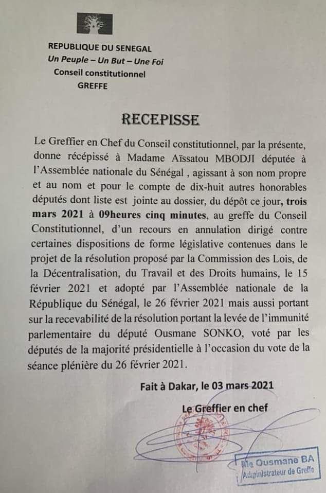 Levée de l’immunité parlementaire de Ousmane Sonko: La Cour constitutionnelle reçoit un recours des députés 