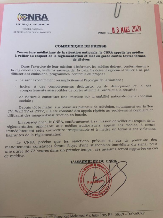Couverture médiatique de la situation nationale: Le Cnra appelle les médias au respect de la réglementation et met en garde contre toutes formes de dérives