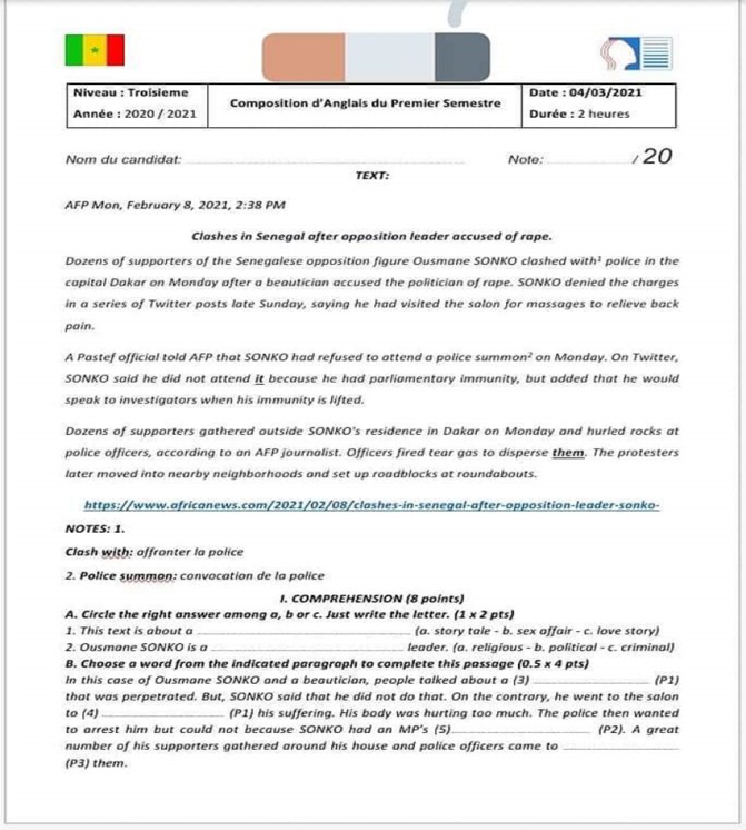 Education: Un formateur relevé pour avoir proposé un sujet sur l’affaire Sonko
