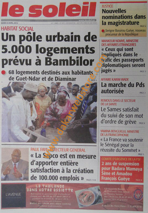 A la Une du Journal Le Soleil du mardi 23 Avril 2013