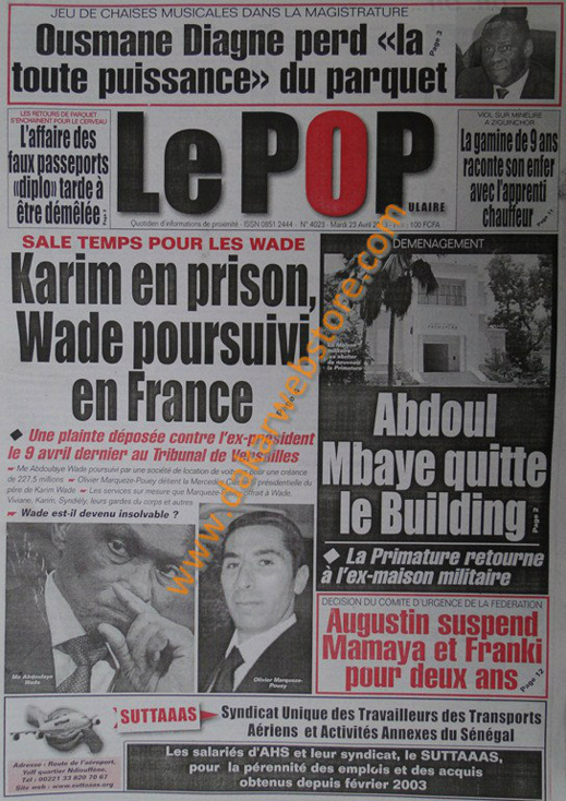A la Une du Journal Populaire du mardi 23 Avril 2013