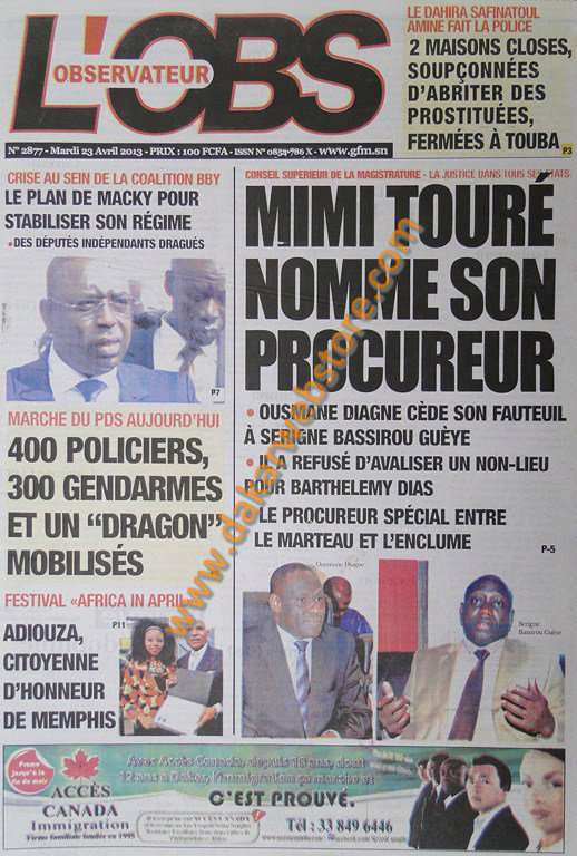 A la Une du Journal L'Observateur du mardi 23 Avril 2013