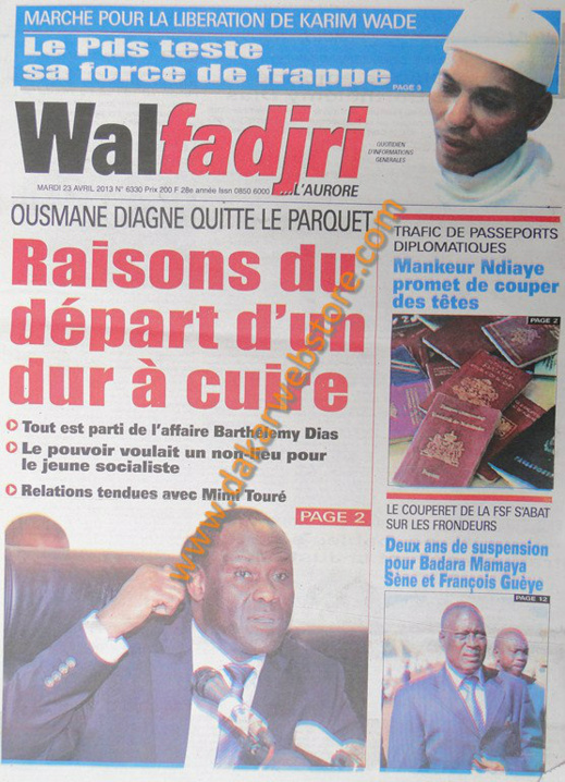 A la Une du Journal Walfadjri du mardi 23 Avril 2013