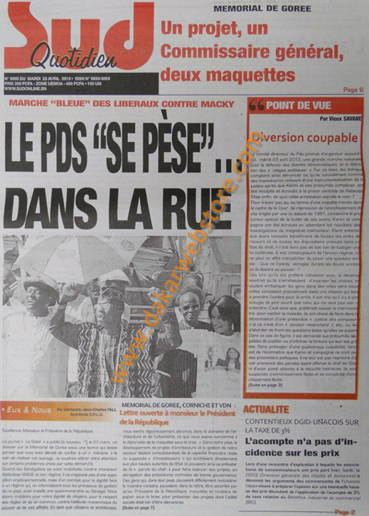 A la Une du Journal Sud Quotidien du mardi 23 Avril 2013
