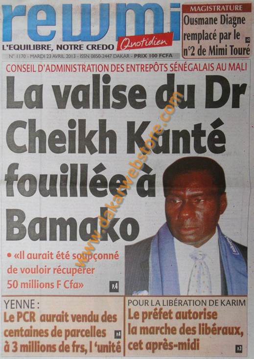 A la Une du Journal Rewmi du mardi 23 Avril 2013