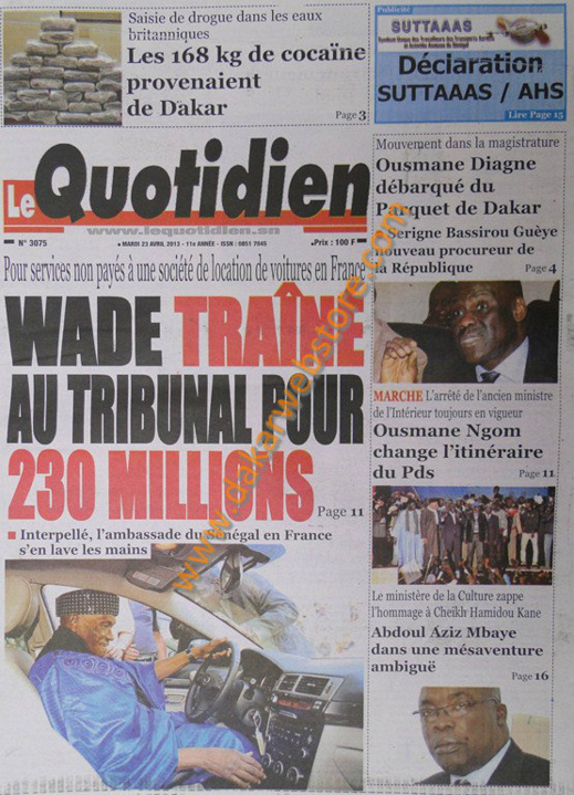 A la Une du Journal Le Quotidien du mardi 23 Avril 2013