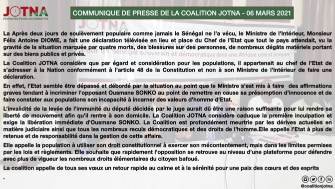 Communiqué de presse de la Coalition JOTNA du 06 Mars 2021