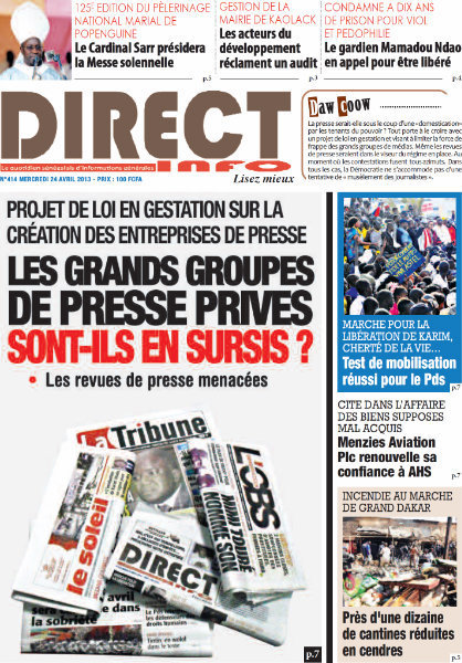 A la Une du Journal Direct Info du mercredi 24 Avril 2013
